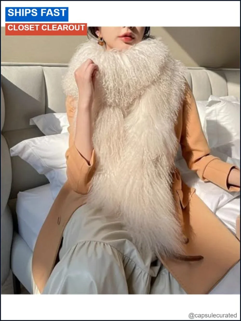Real Mongolian Fur Long Fluffy Scarf Shawl Wrap Winter Warm Cashmere Feel